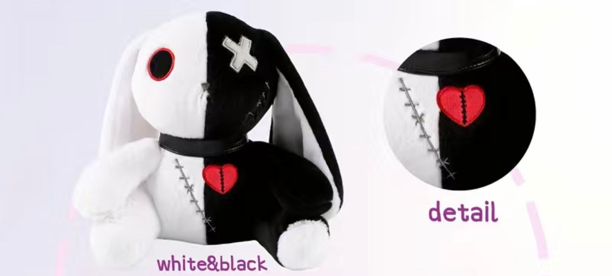 Black/white, Red/Black, Pink/Black goth bunny plushie