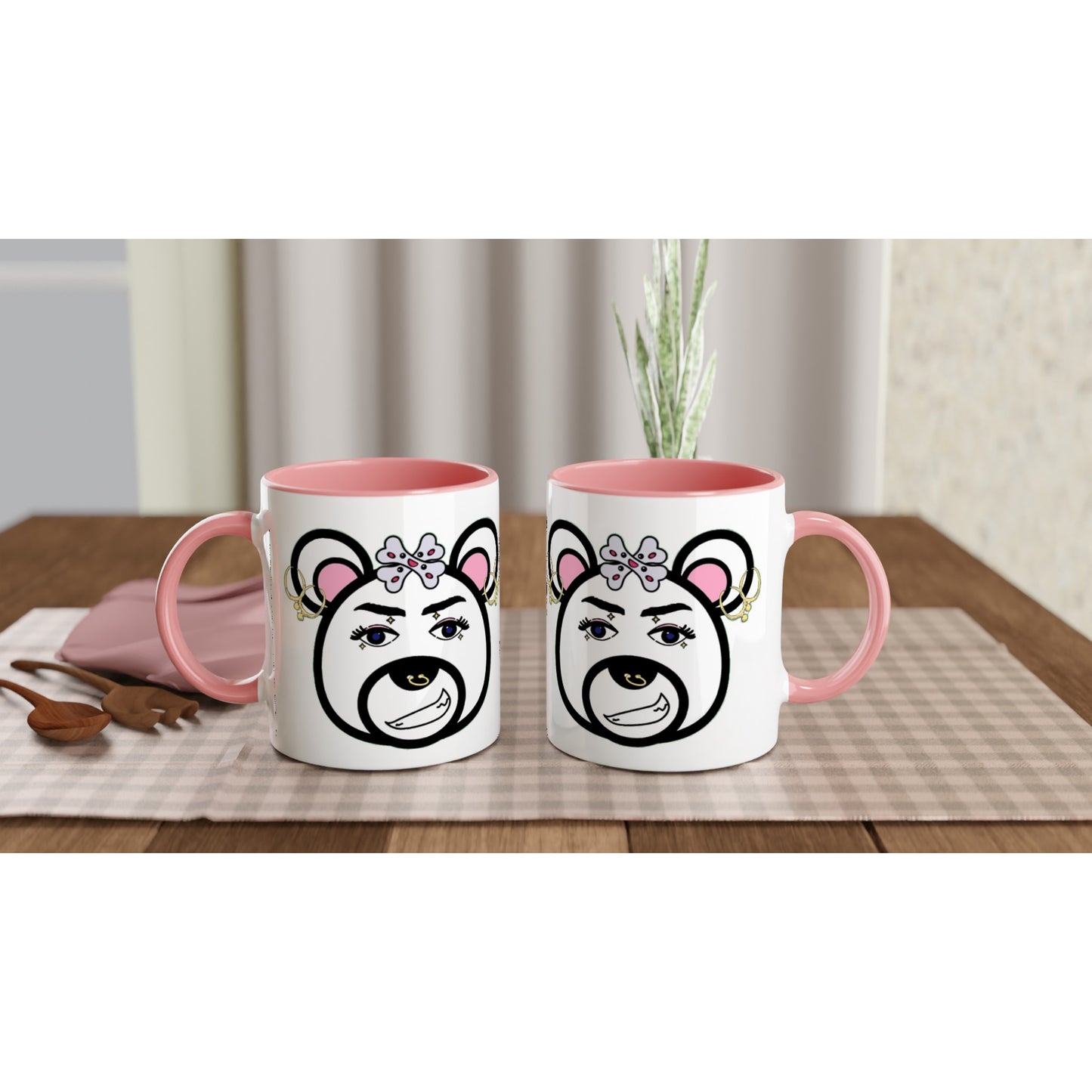 White 11oz Ceramic Mug with Color Inside- Punk Bear