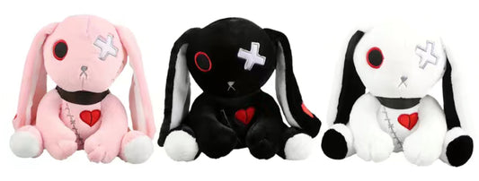 White, pink or black bunny crossed out eye goth plushie